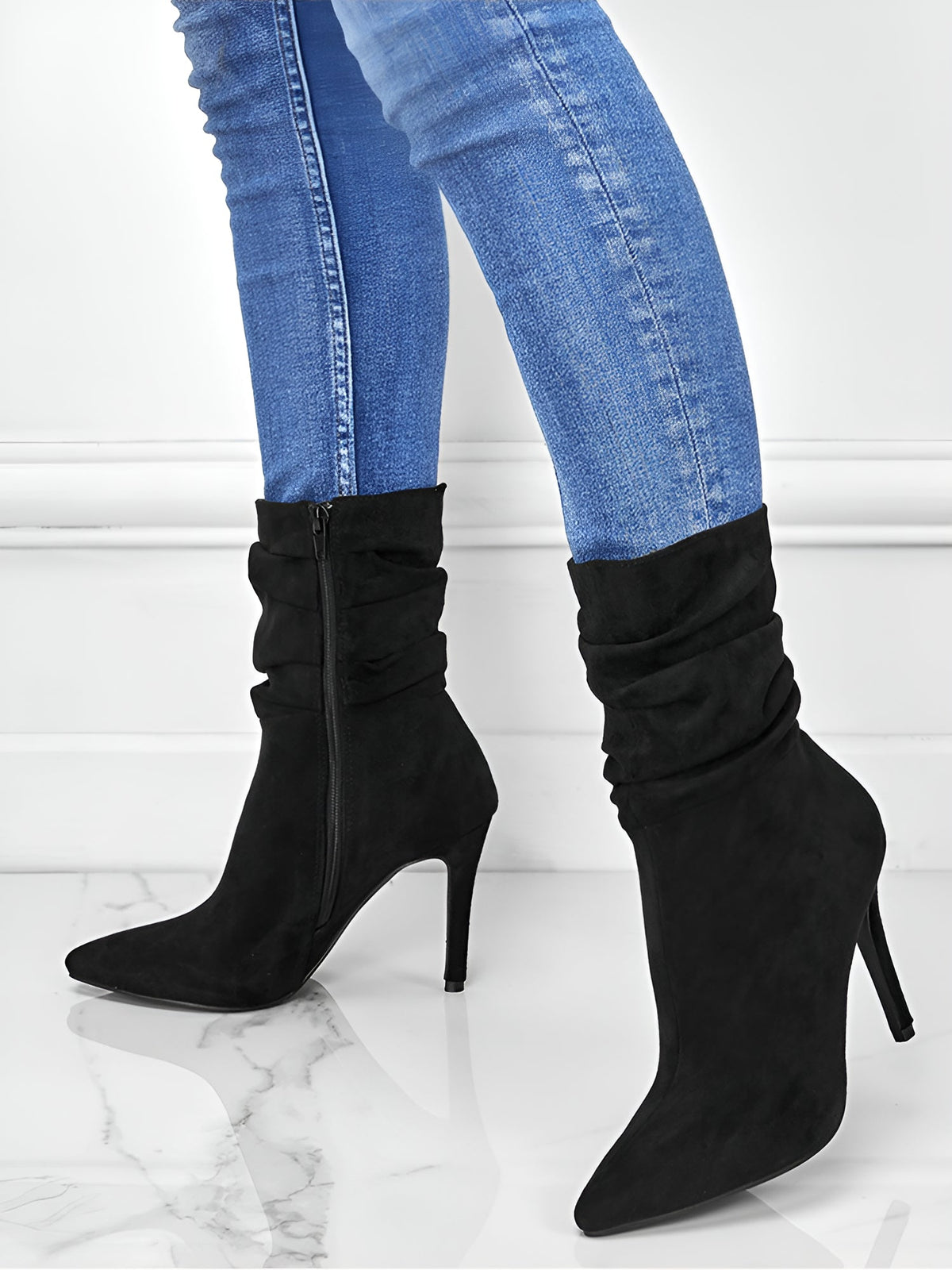 Faux Suede Pointed Toe High Heels Ruched Ankle Boots