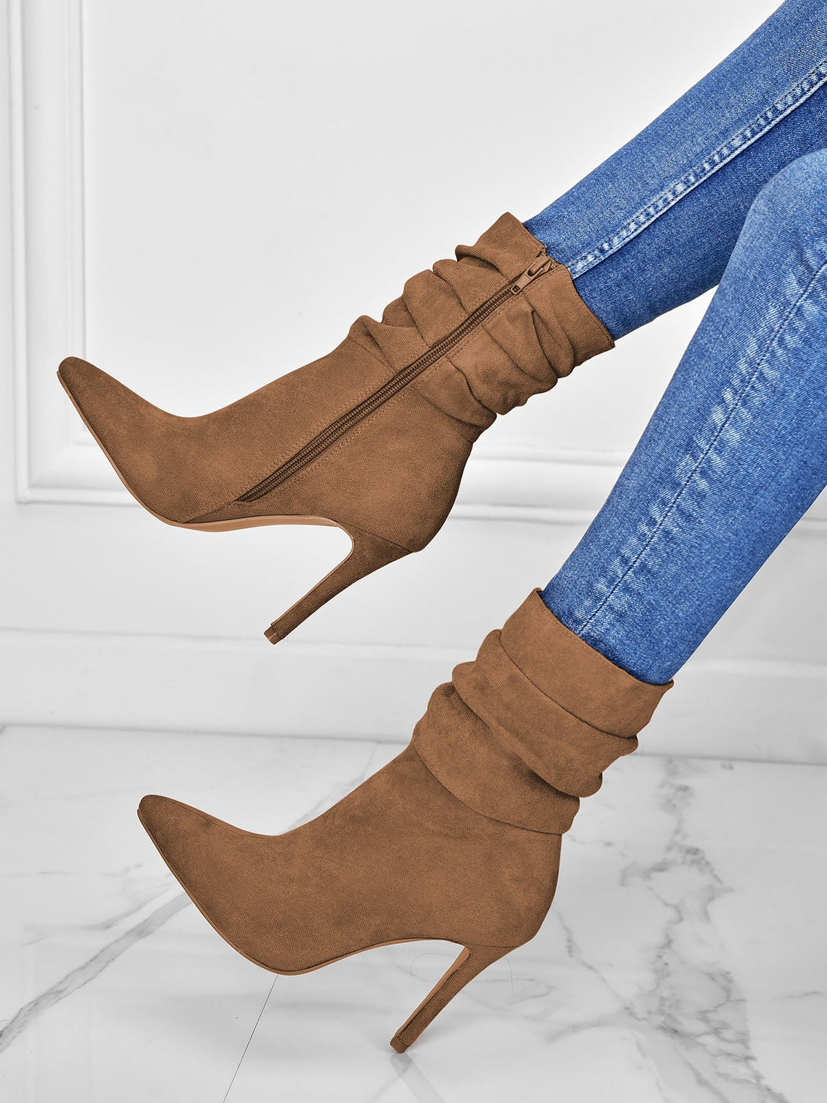 Faux Suede Pointed Toe High Heels Ruched Ankle Boots