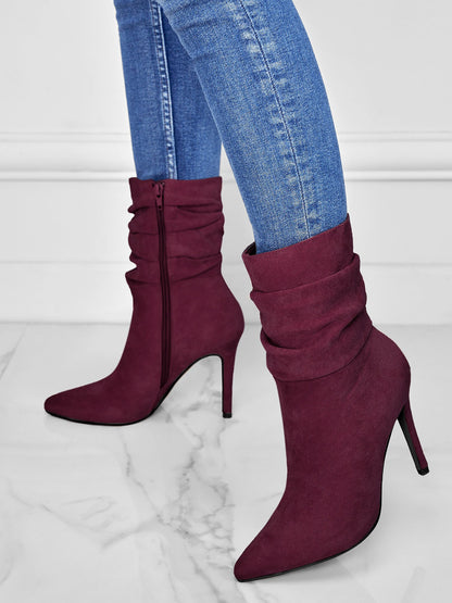 Faux Suede Pointed Toe High Heels Ruched Ankle Boots