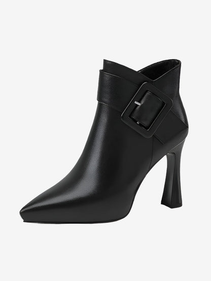 Pointed Toe Buckle Detail Faux Leather Ankle Boots