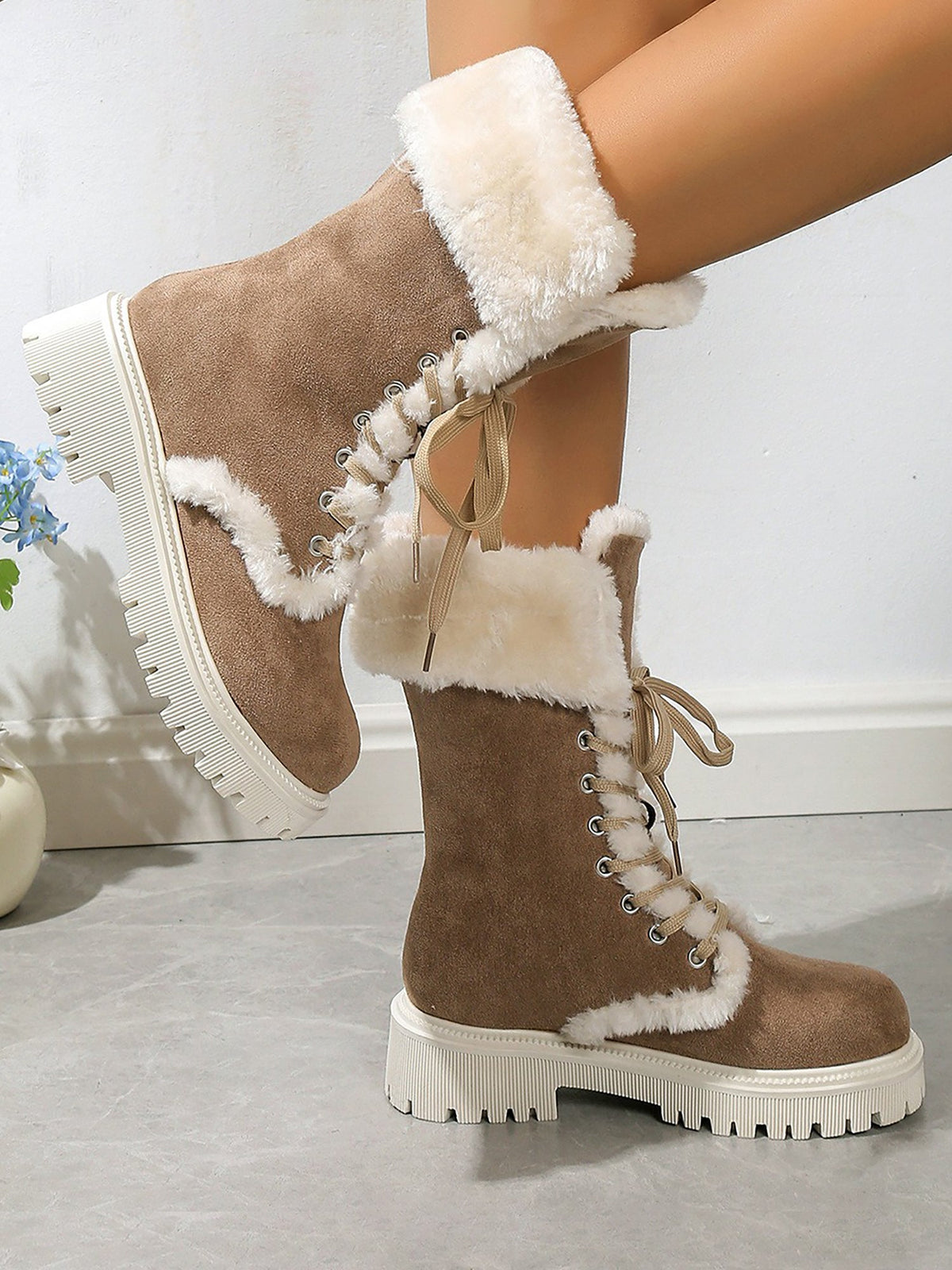 Fuax Fur Fleece-Lined Lace-Up Mid-Calf Boots