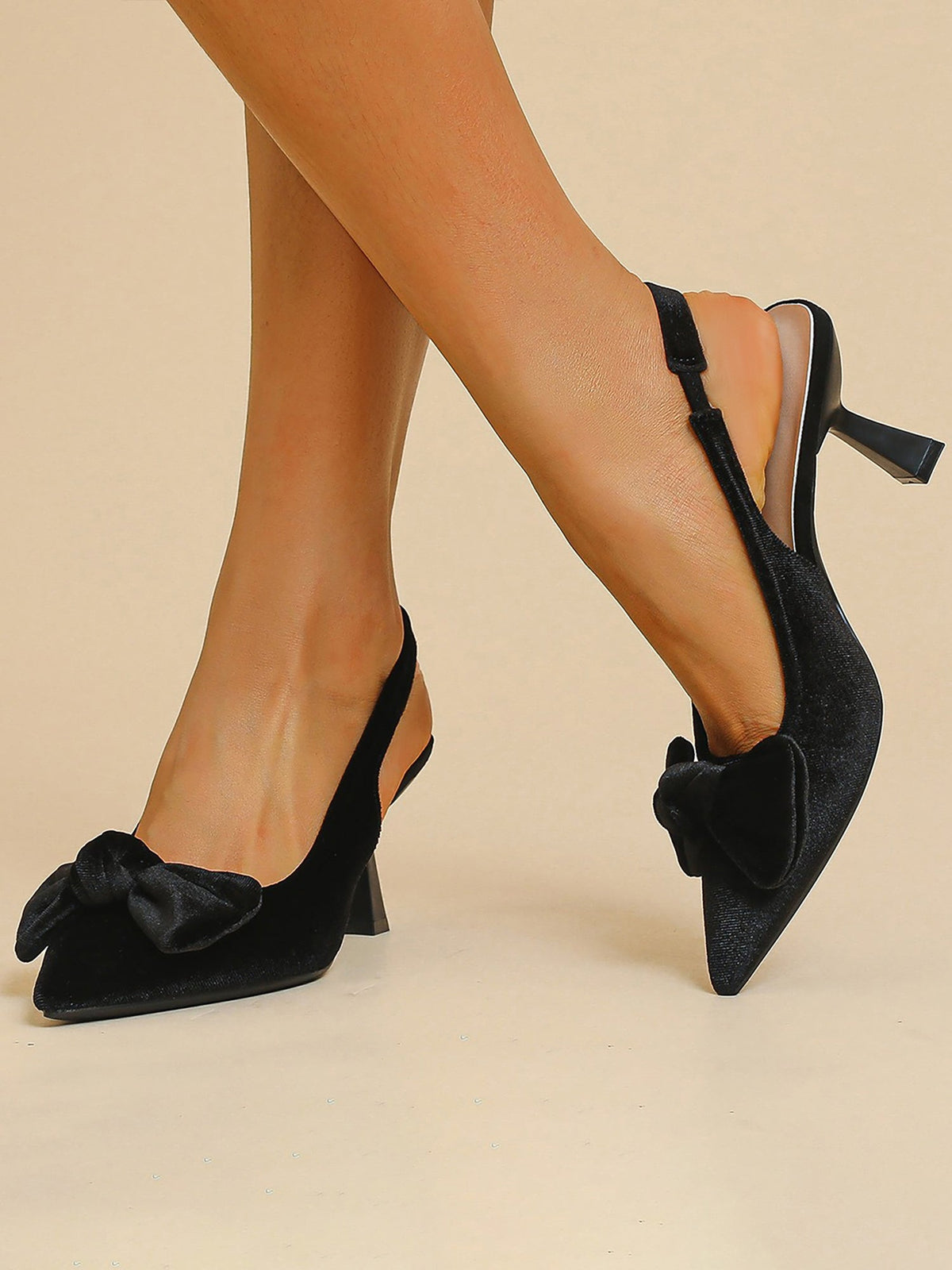Pointed Toe Kitten Heel Bow Velvet Slingback Sandals