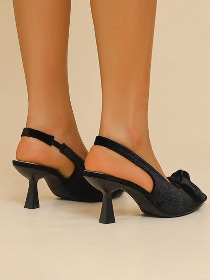 Pointed Toe Kitten Heel Bow Velvet Slingback Sandals