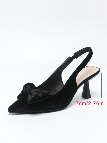 Pointed Toe Kitten Heel Bow Velvet Slingback Sandals