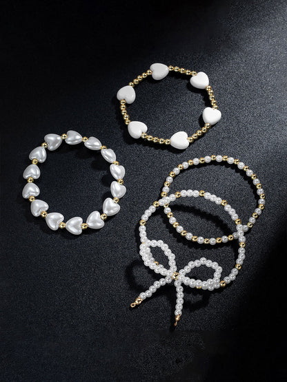 4 Pieces Heart Shaped Imitation Pearl Bow Beaded Bracelets Set