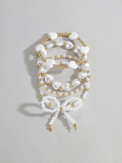 4 Pieces Heart Shaped Imitation Pearl Bow Beaded Bracelets Set