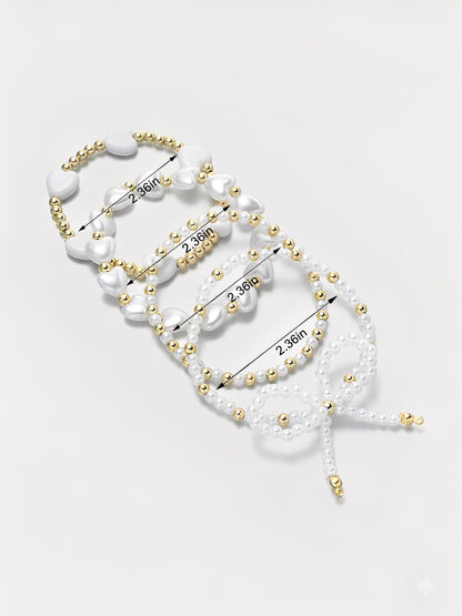 4 Pieces Heart Shaped Imitation Pearl Bow Beaded Bracelets Set