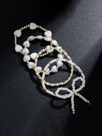 4 Pieces Heart Shaped Imitation Pearl Bow Beaded Bracelets Set