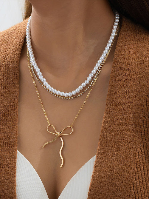 Retro Imitation Pearl Alloy Bow Necklace