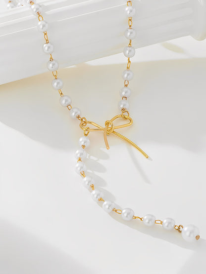 Retro Imitation Pearl Alloy Bow Necklace