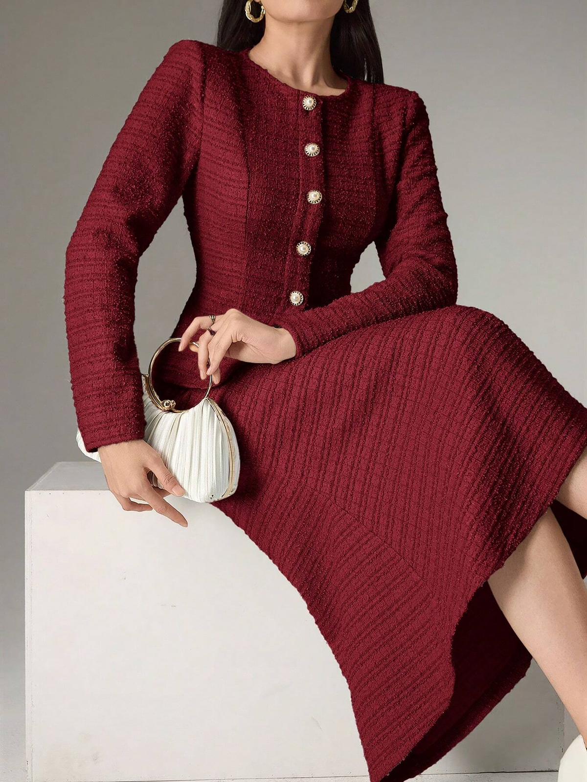 2 Pieces Tweed Round Neck Blouse & Midi Fishtail Skirt Matching Set