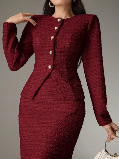2 Pieces Tweed Round Neck Blouse & Midi Fishtail Skirt Matching Set