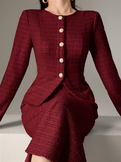 2 Pieces Tweed Round Neck Blouse & Midi Fishtail Skirt Matching Set