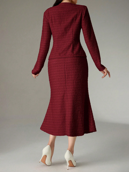 2 Pieces Tweed Round Neck Blouse & Midi Fishtail Skirt Matching Set