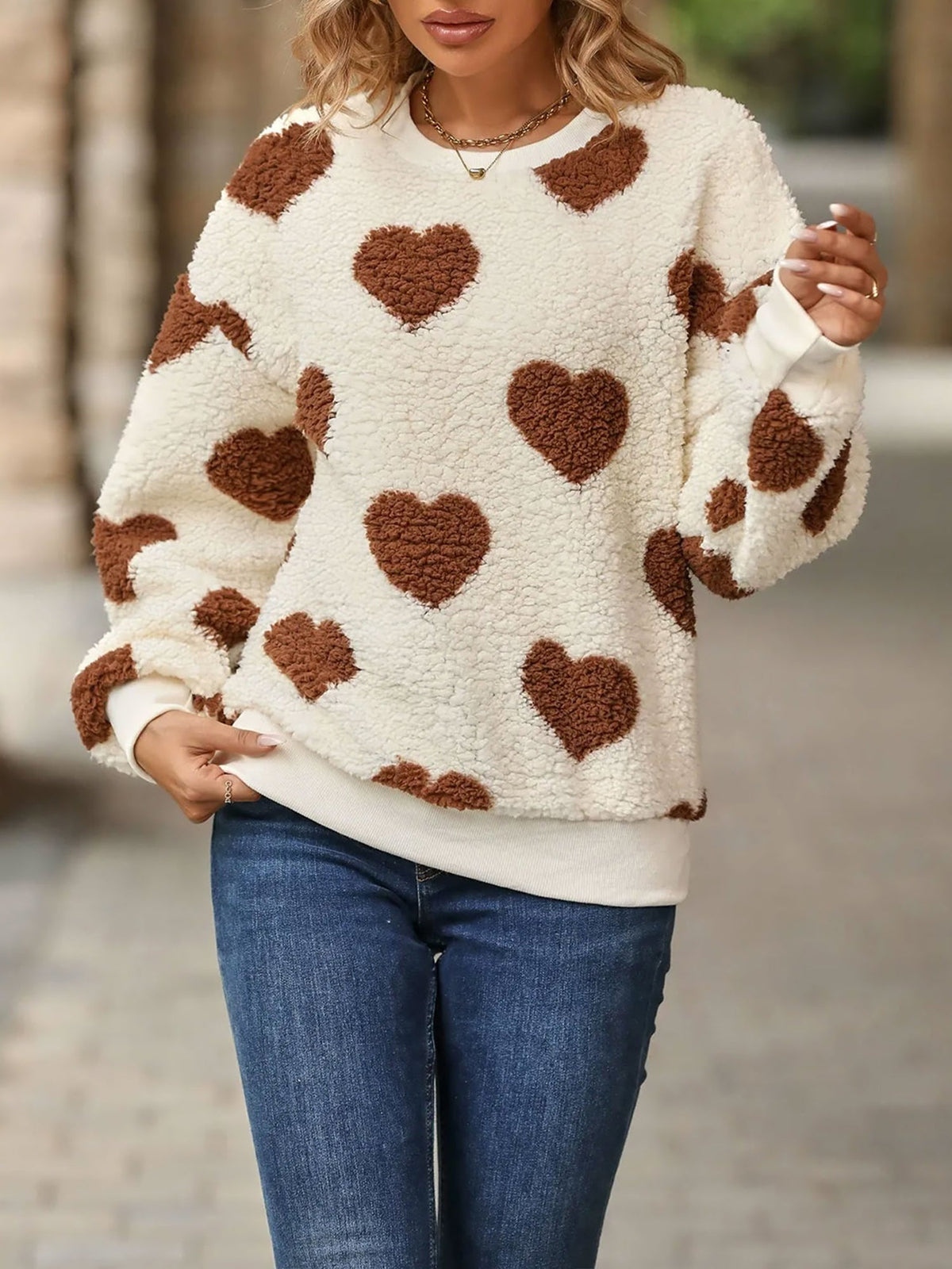 Fleece Heart Print Long Sleeve Round Neck Pullover Sweatshirt