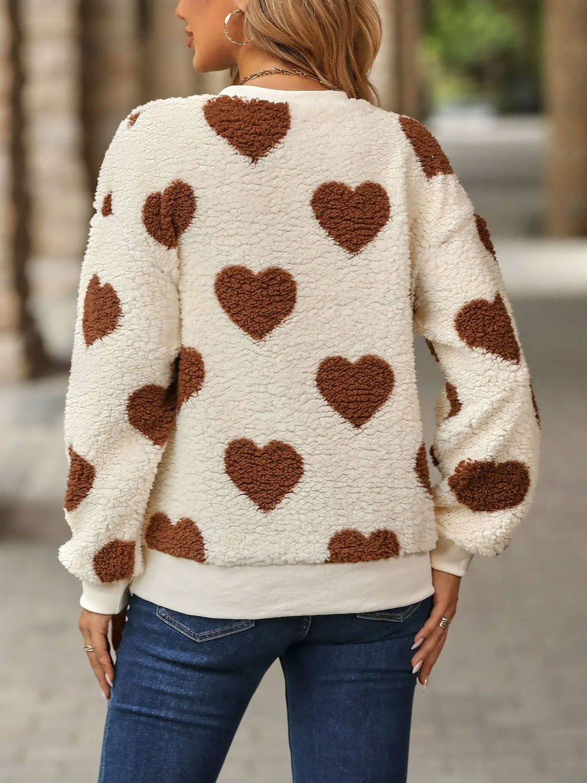 Fleece Heart Print Long Sleeve Round Neck Pullover Sweatshirt