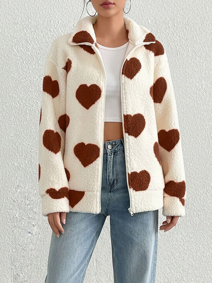 Plush Heart Print Loose Long Sleeve Zipper Jacket