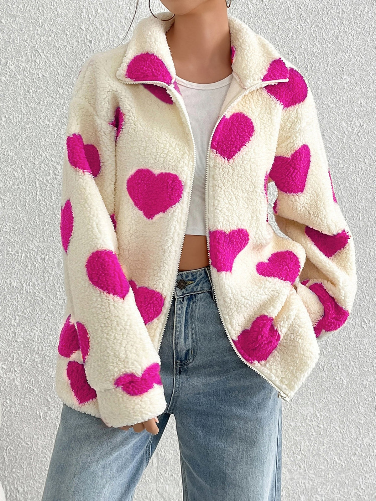 Plush Heart Print Loose Long Sleeve Zipper Jacket