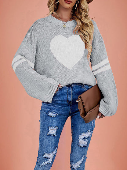 Color Blocked Heart Pattern Round Neck Knited Sweater