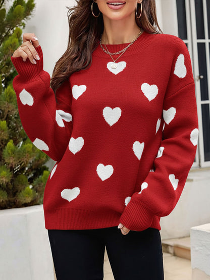 Crew Neck Heart Pattern Pullover Knitted Sweater