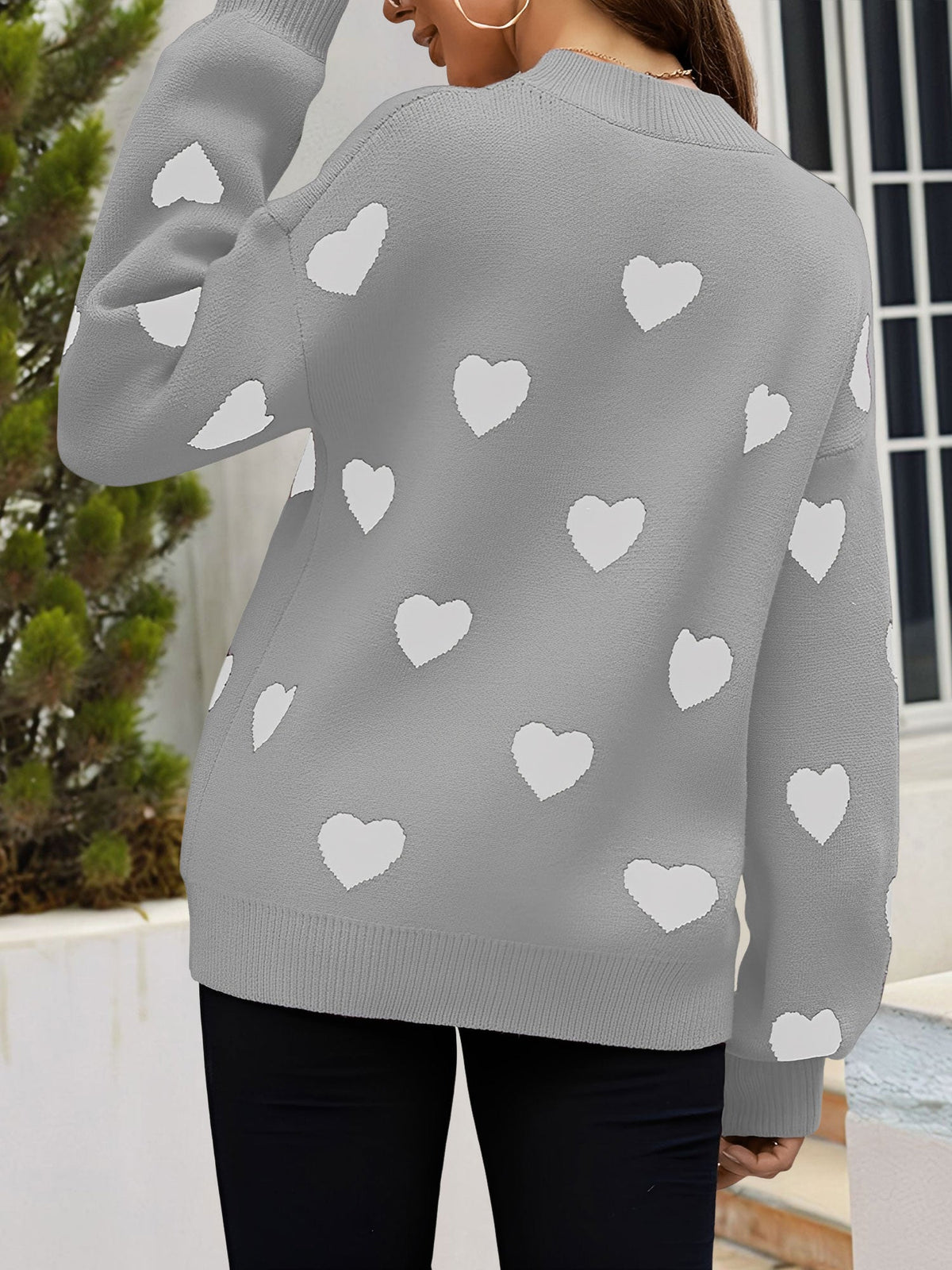 Crew Neck Heart Pattern Pullover Knitted Sweater