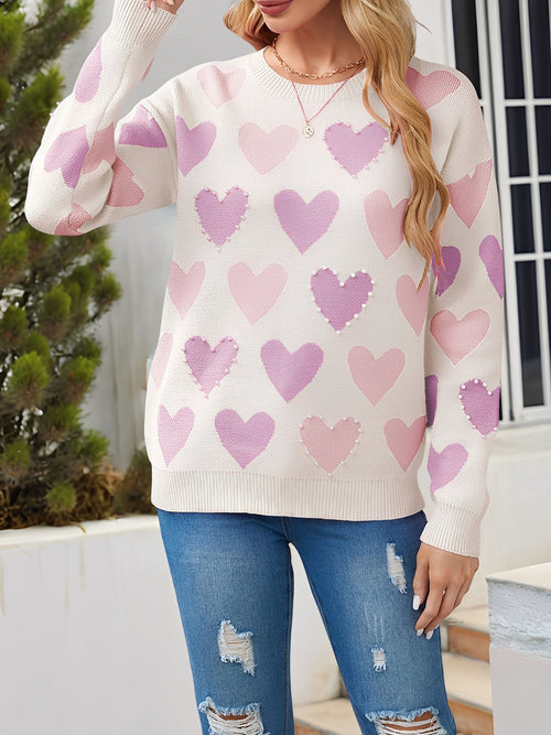 Crew Neck Beaded Heart-Shaped Pullover Knitted Sweater