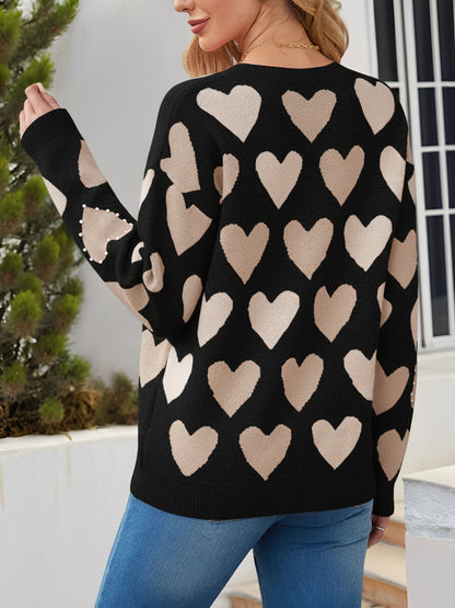 Crew Neck Beaded Heart-Shaped Pullover Knitted Sweater