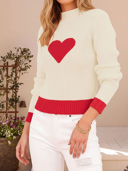 Mock Neck Love Heart Pullover Knitted Sweater