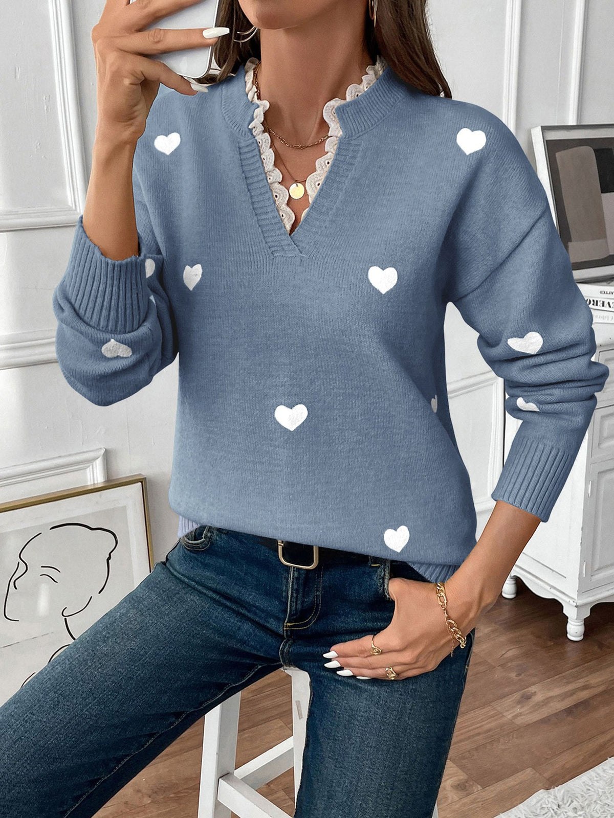 Notch Neck Lace Patchwork Heart Pullover Sweater