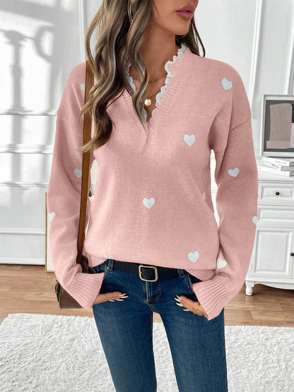 Notch Neck Lace Patchwork Heart Pullover Sweater