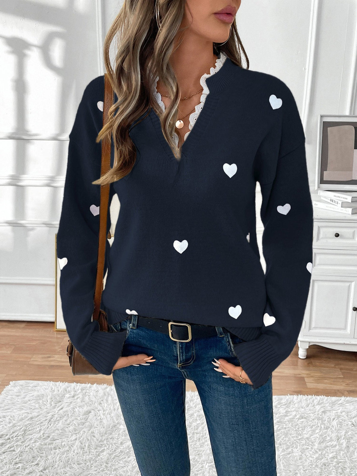Notch Neck Lace Patchwork Heart Pullover Sweater