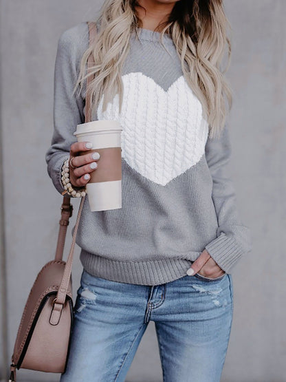 Round Neck Pullover Heart Pattern Knitted Sweater