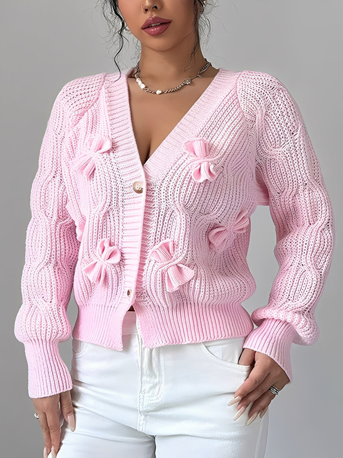 Solid Color Long Sleeve Bow Detail Knitted Cardigan