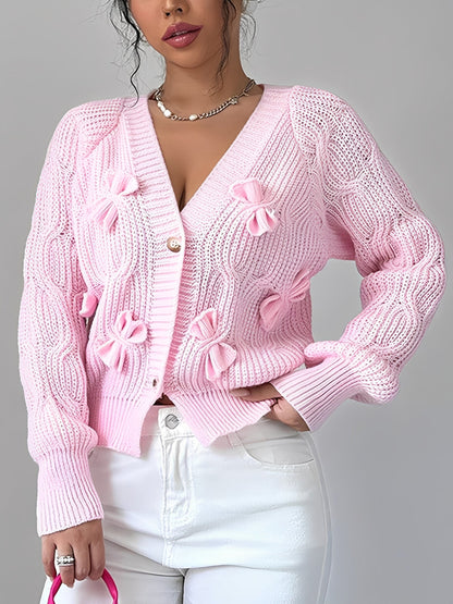 Solid Color Long Sleeve Bow Detail Knitted Cardigan