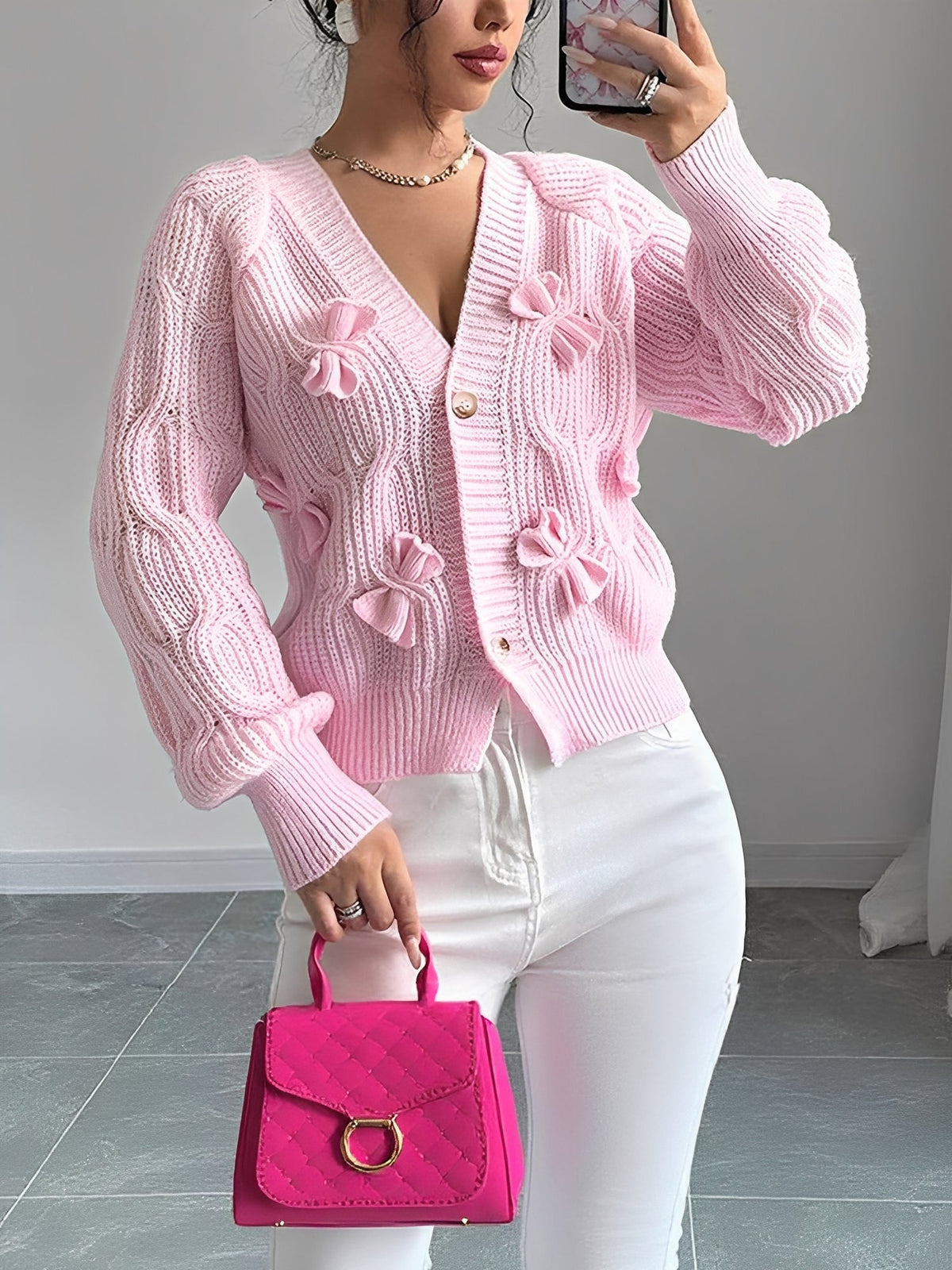 Solid Color Long Sleeve Bow Detail Knitted Cardigan