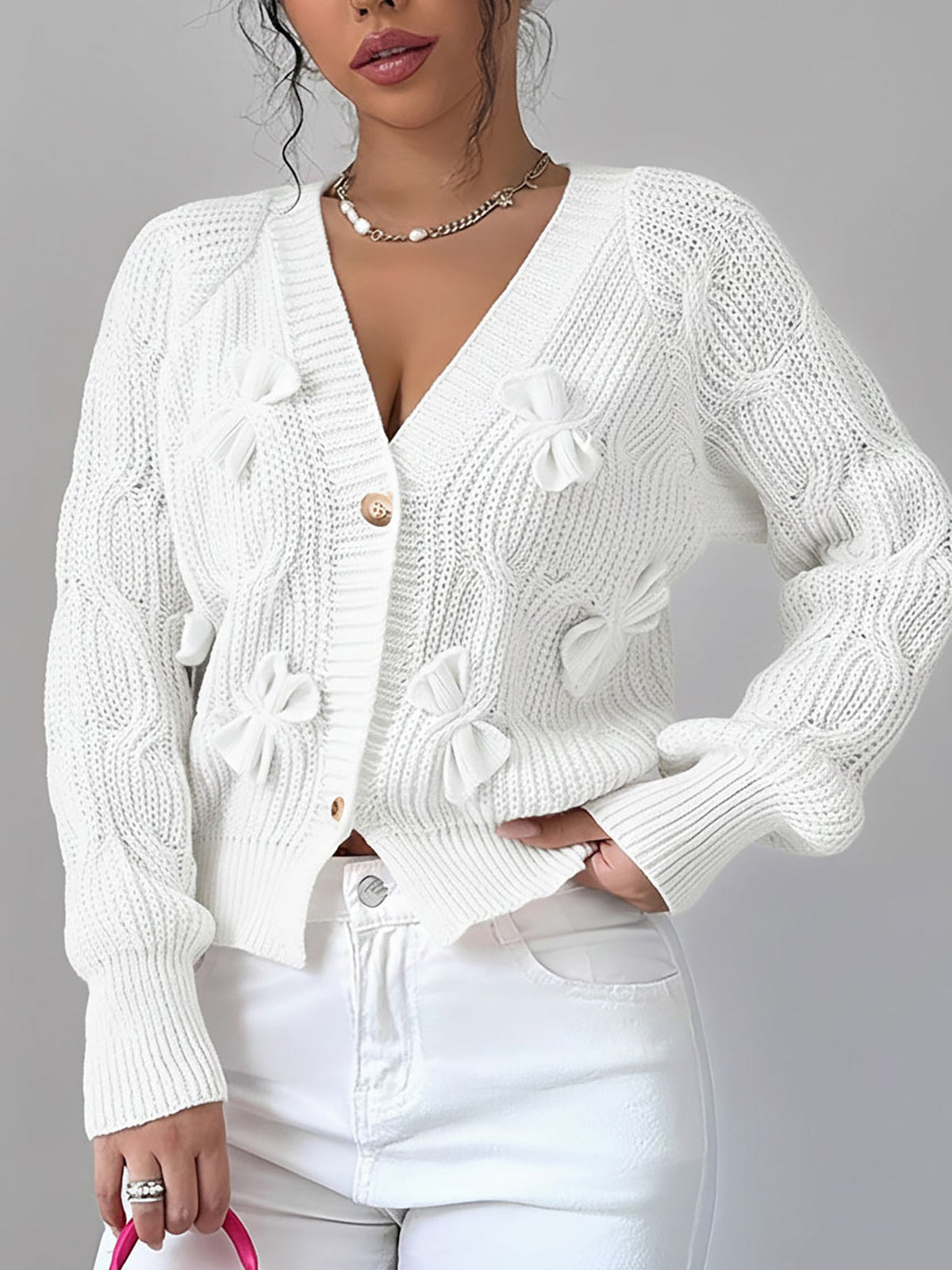 Solid Color Long Sleeve Bow Detail Knitted Cardigan