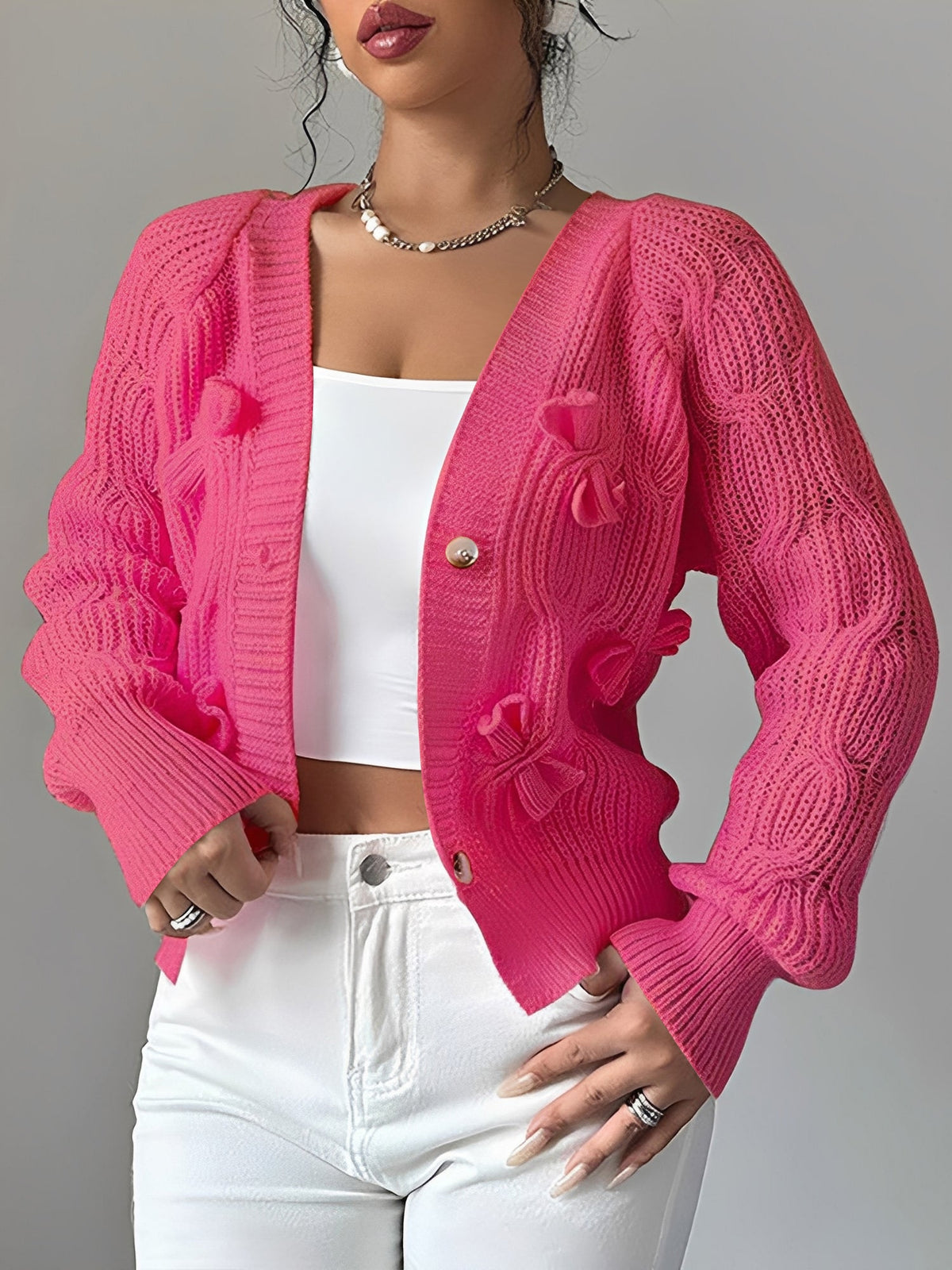 Solid Color Long Sleeve Bow Detail Knitted Cardigan