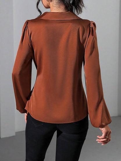 Puff Long Sleeve Satin Tie Waist Wrap Blouse