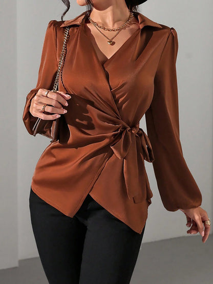 Puff Long Sleeve Satin Tie Waist Wrap Blouse