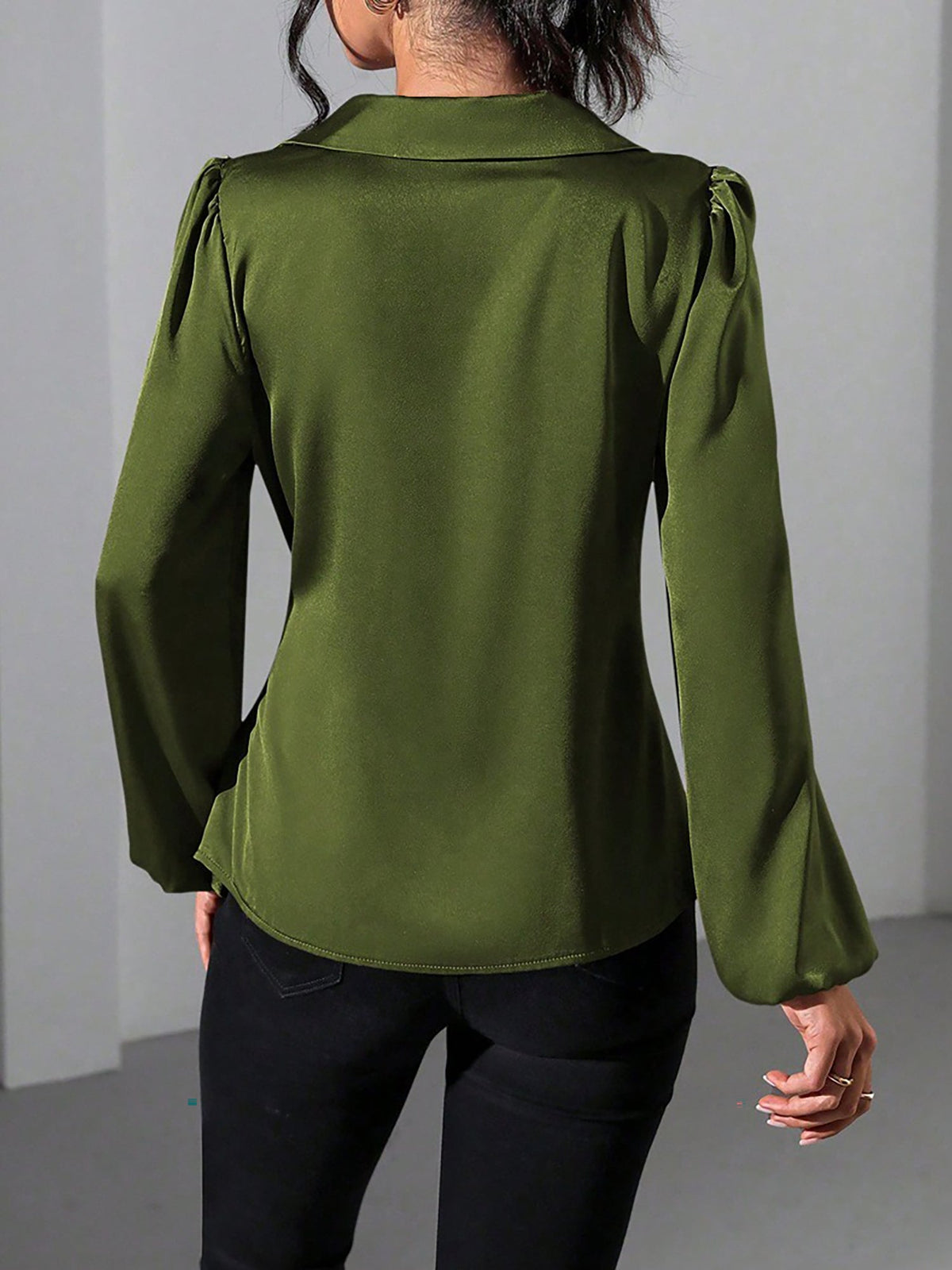 Puff Long Sleeve Satin Tie Waist Wrap Blouse