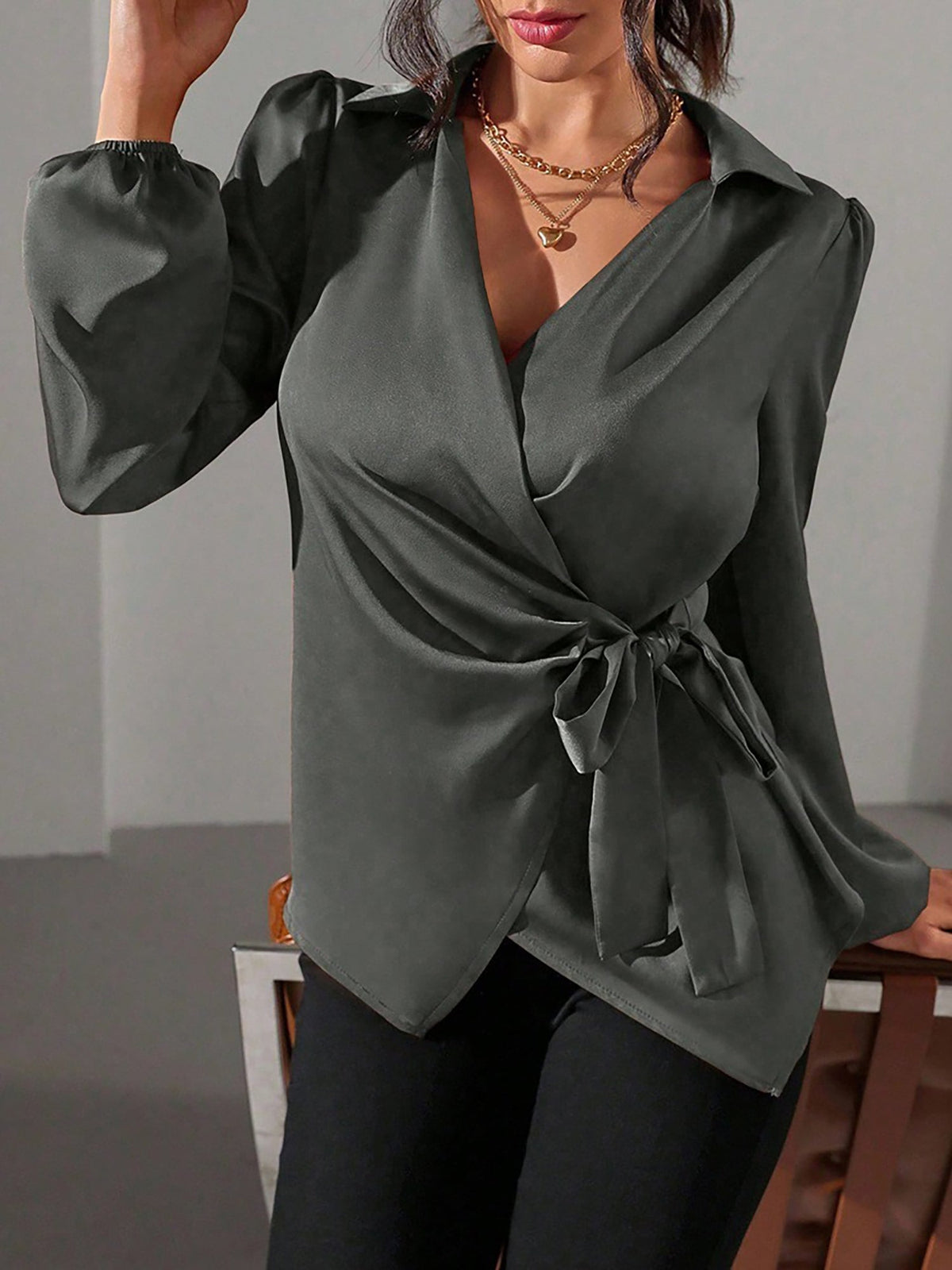 Puff Long Sleeve Satin Tie Waist Wrap Blouse