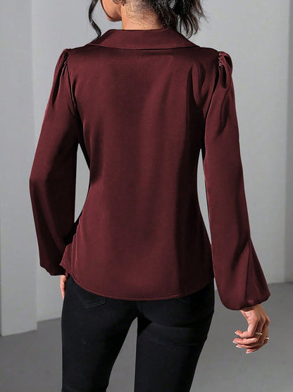 Puff Long Sleeve Satin Tie Waist Wrap Blouse