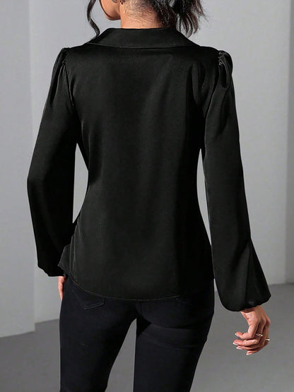 Puff Long Sleeve Satin Tie Waist Wrap Blouse