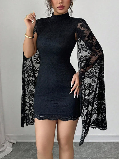 Lace Mock Neck Cape Sleeves Bodycon Mini Dress