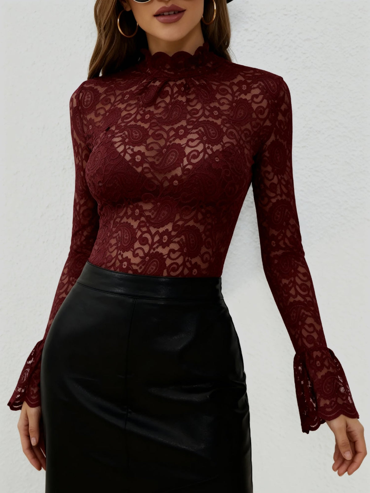 Paisley Lace Mock Neck Flared Sleeve See Through Blouse