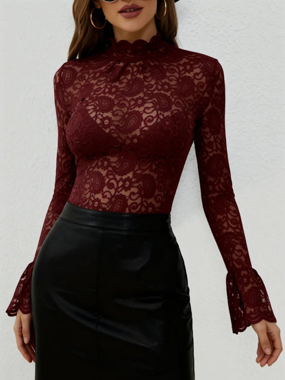 Paisley Lace Mock Neck Flared Sleeve See Through Blouse