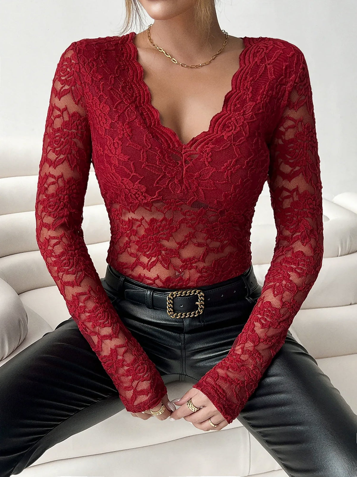 Lace V Neck Long Sleeves Sheer Blouse