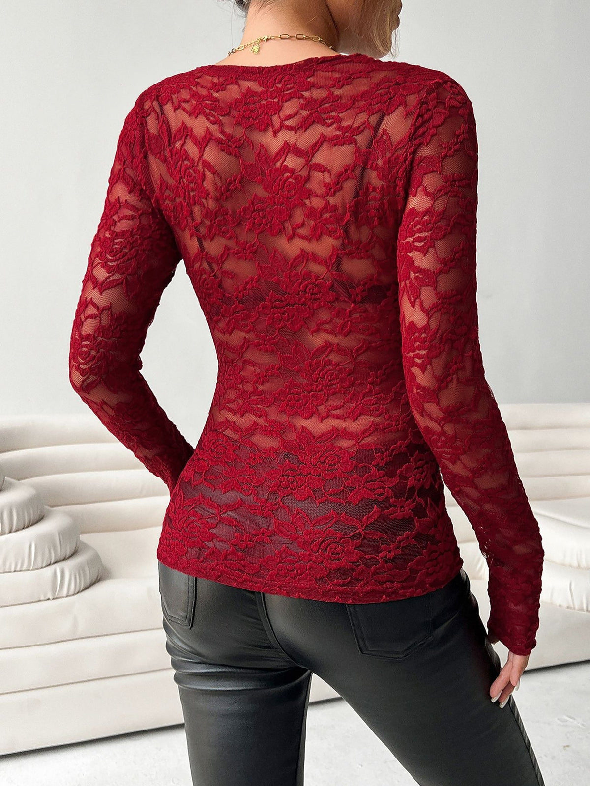 Lace V Neck Long Sleeves Sheer Blouse