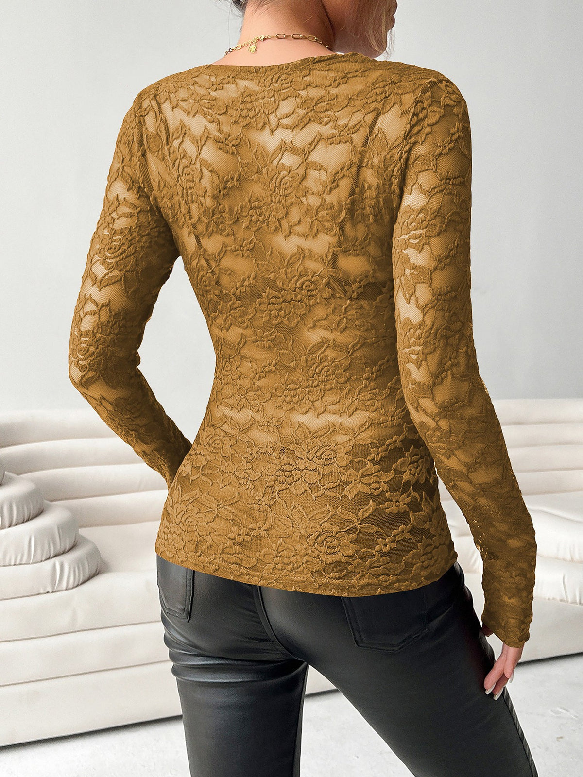 Lace V Neck Long Sleeves Sheer Blouse