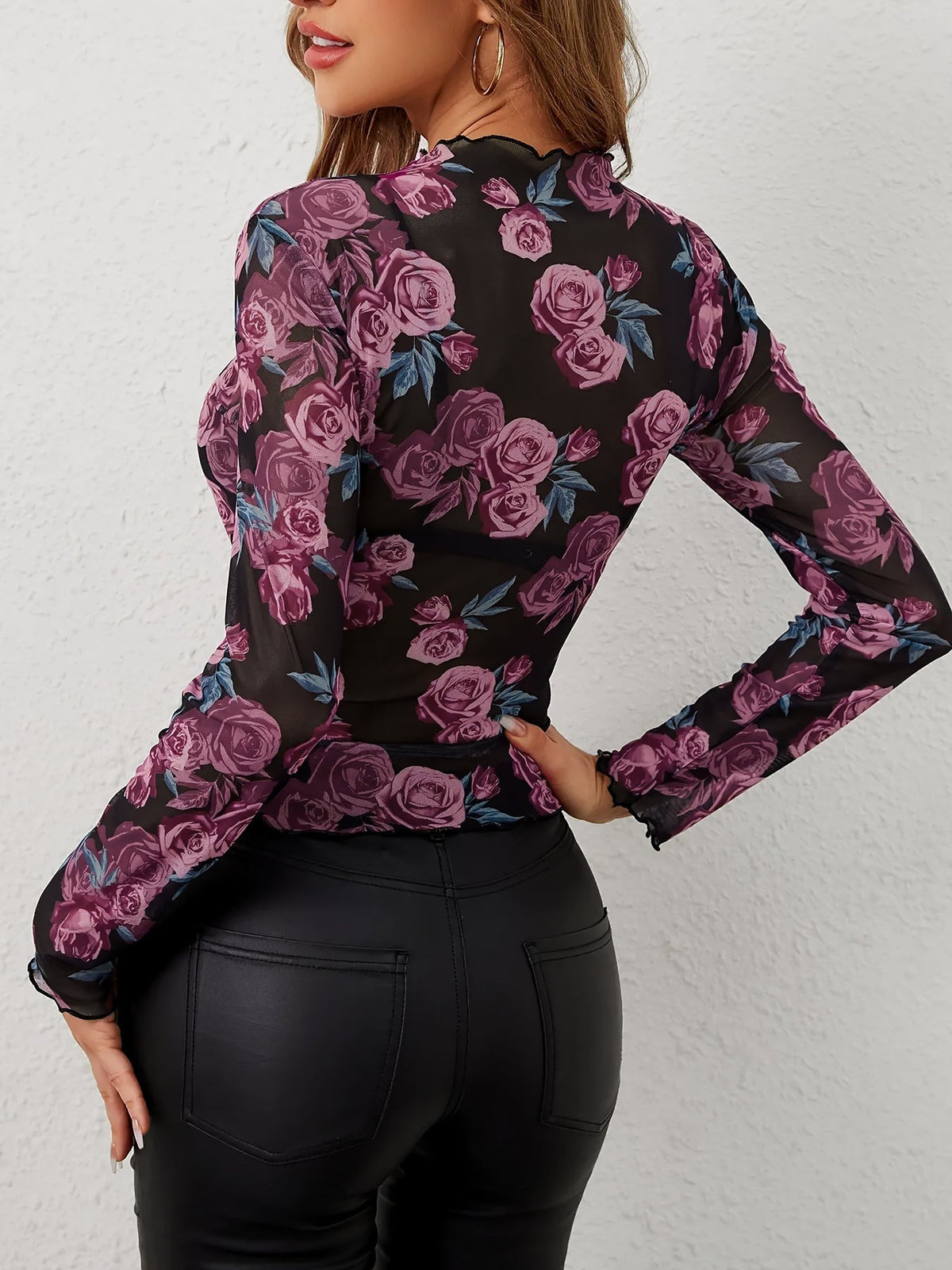Floral Print Mock Neck Mesh Sheer Long Sleeves Blouse
